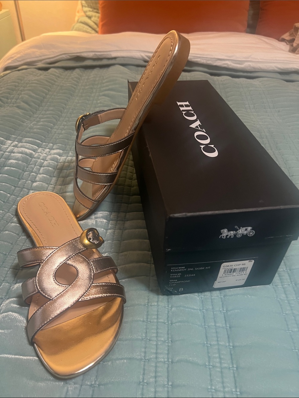 Coach Metallic gold Strappy Slide Sandals new with box